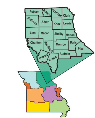 Graphic: University of Missouri Extension Region - Northeast region highlighted on a regional map of Missouri