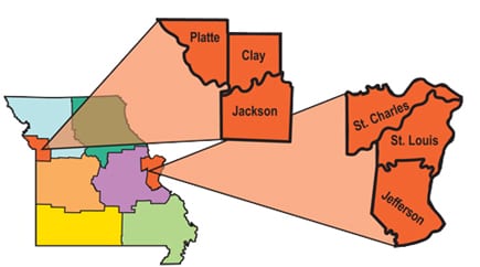 Graphic: University of Missouri Extension Region - West and East Urban regions highlighted on a regional map of Missouri