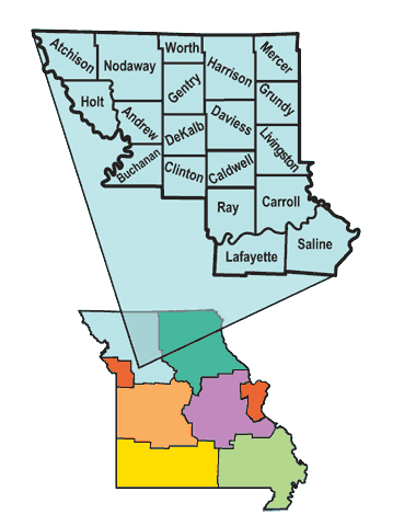 Graphic: University of Missouri Extension Region - Northwest region highlighted on a regional map of Missouri