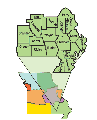 Graphic: University of Missouri Extension Region - Southeast region highlighted on a regional map of Missouri